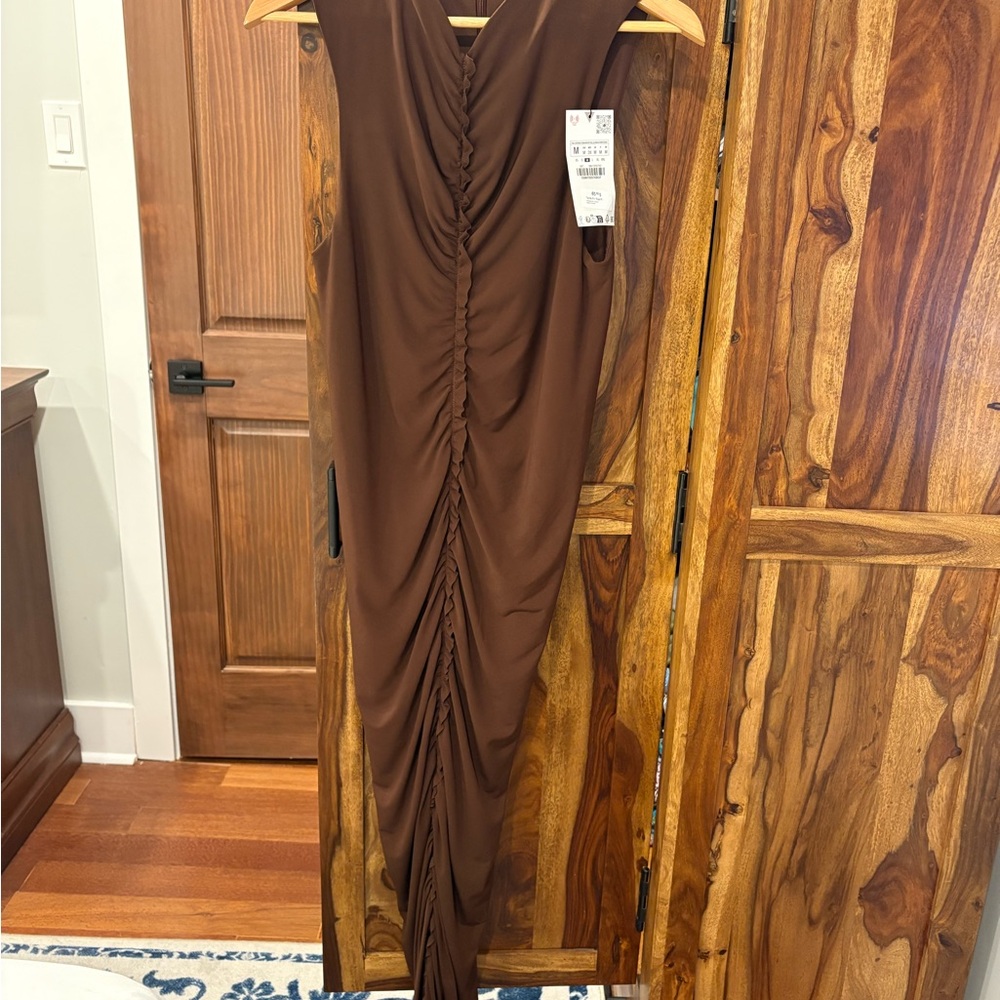Zara Asymmetrical Brown Ruched Dress